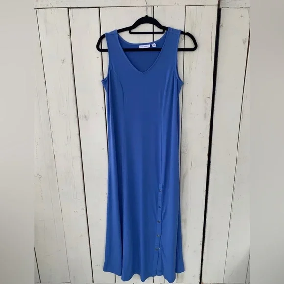 Susan Graver | Dresses | Susan Graver Liquid Knit Modern Maxi Dress W Side  Snaps Size Small Blue V Neck | Poshmark
